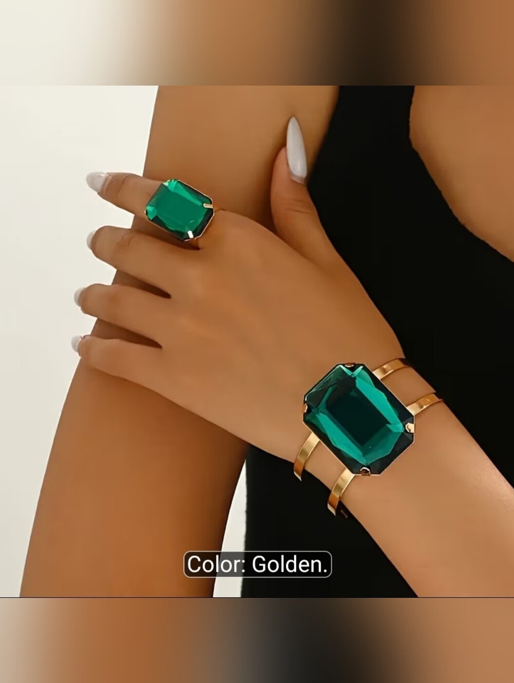 Vintage Fashion Versatile Bracelet and Ring Set Green Sparkling Crystal Stone